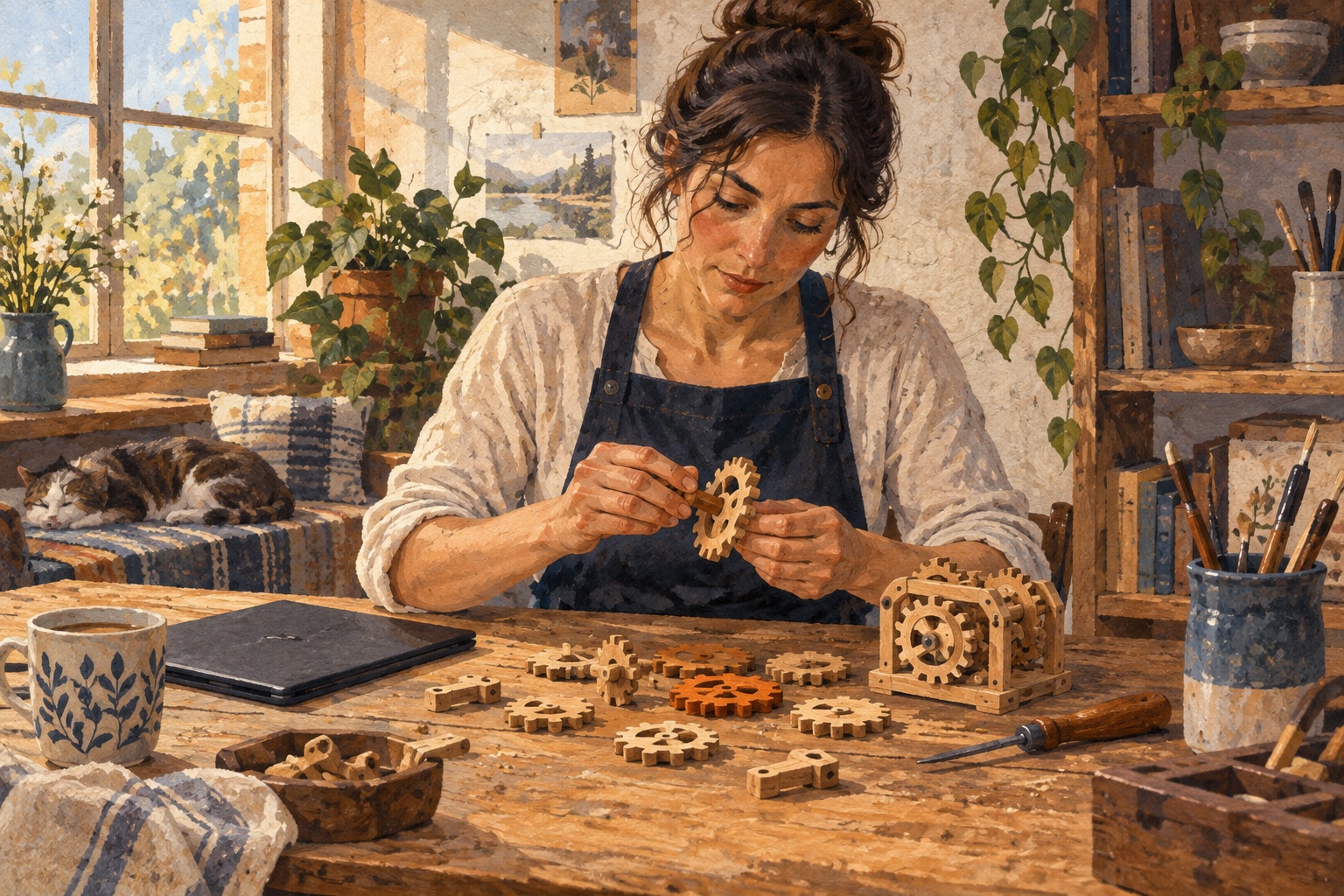 A woman works through a wooden gear puzzle by hand, with a closed tablet set aside.
