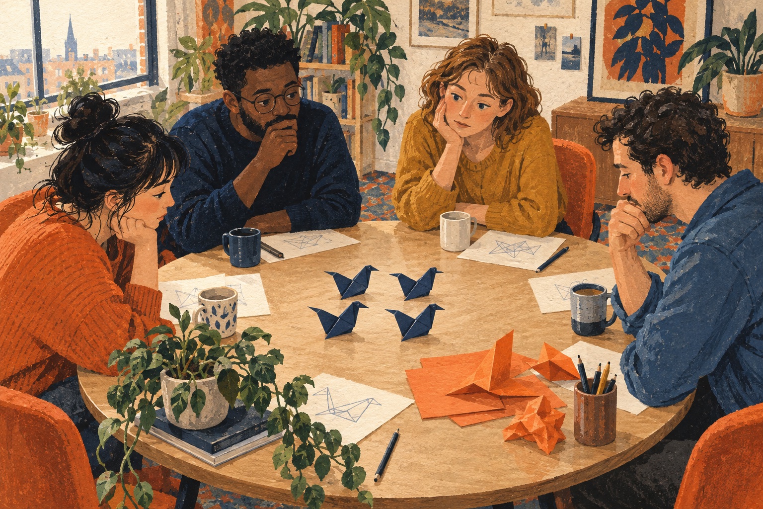 A group sits around a table with nearly identical paper birds and an unfinished orange alternative.