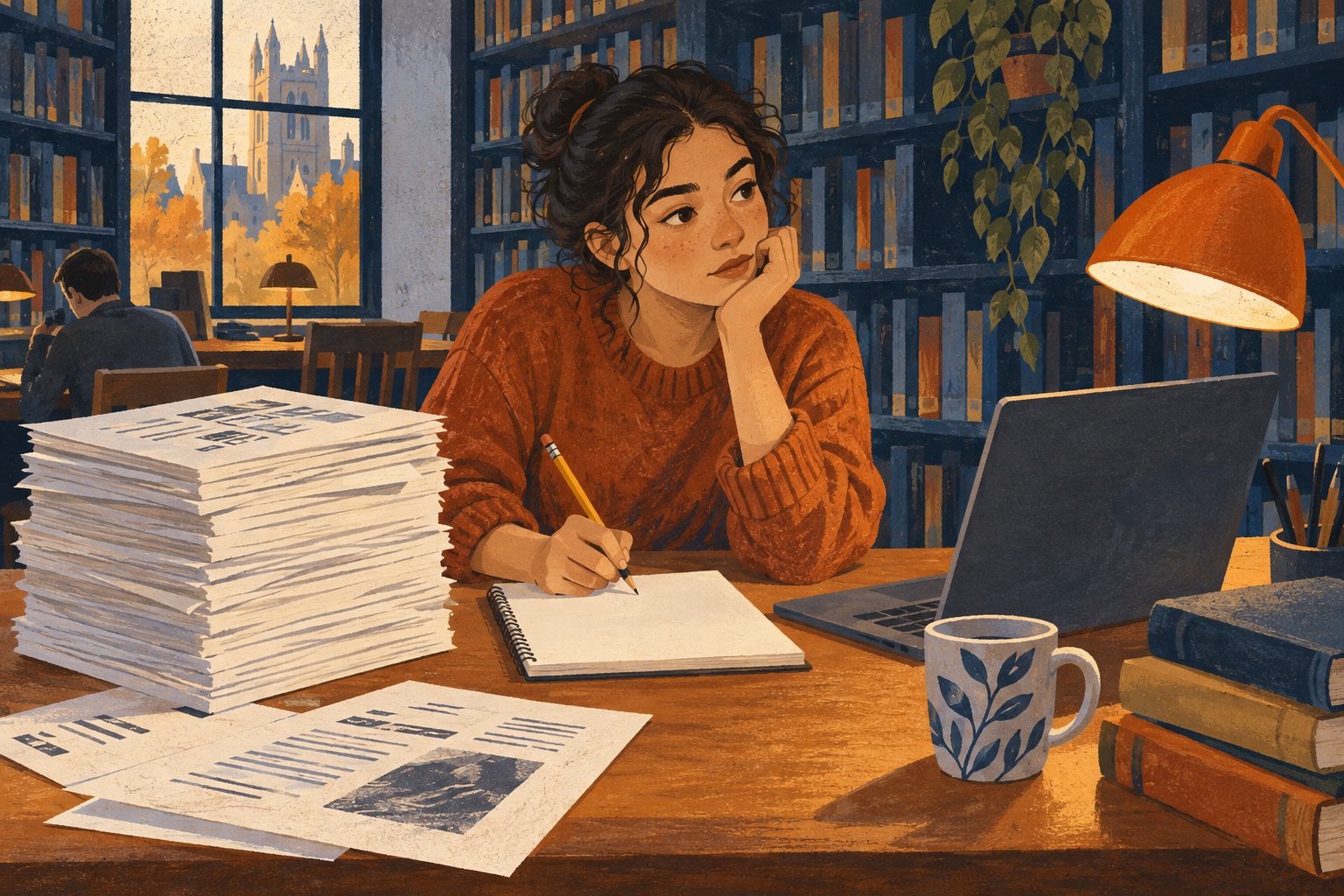 A student faces a stack of finished pages while her own notebook remains blank.