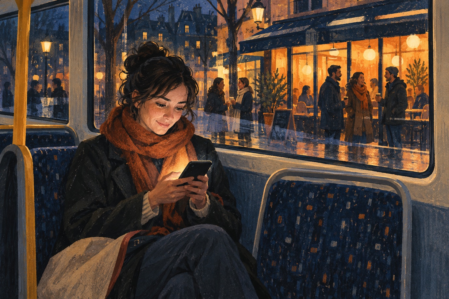 A passenger enjoys a phone conversation beside an empty seat while people gather outside a cafe.