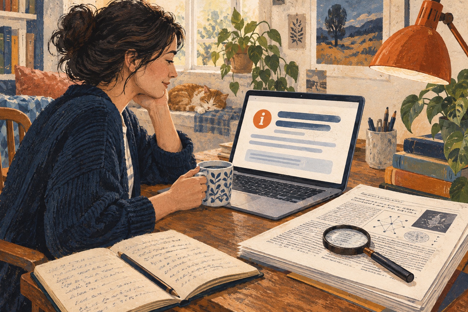 A reader studies a simple laptop summary while a longer report and magnifying glass sit beside it.