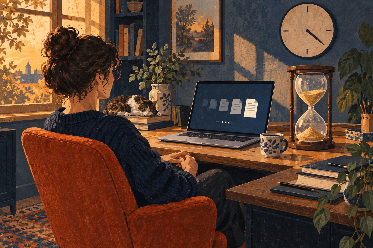 A worker waits for a laptop to finish while sand continues to fall through an hourglass.