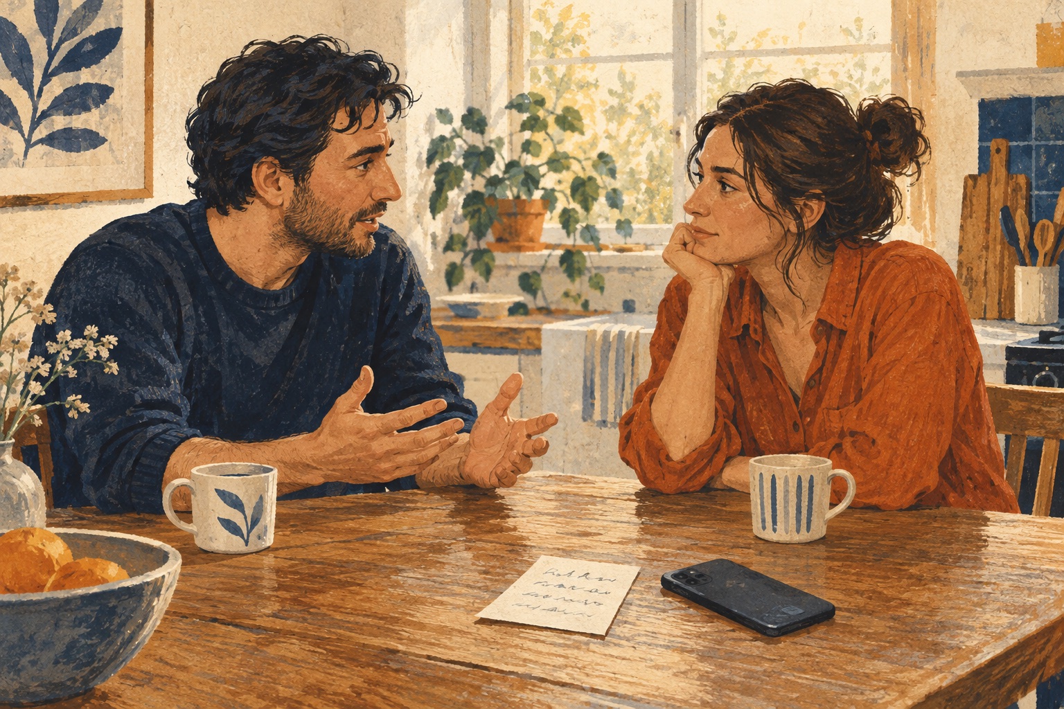 Two people have a thoughtful conversation across a kitchen table, with a phone set face down.