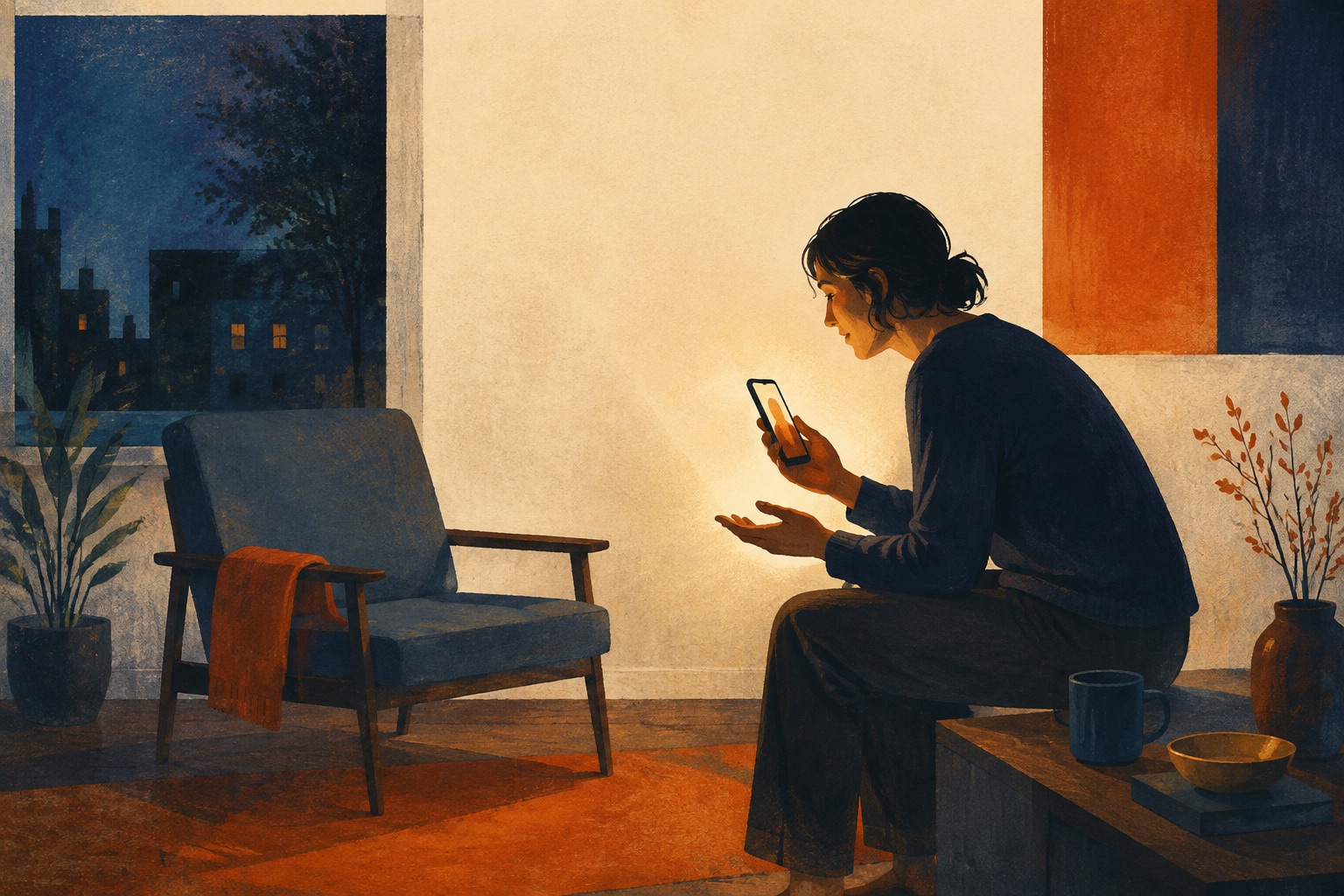 A person finds comfort in a conversation on a phone while an empty chair remains nearby