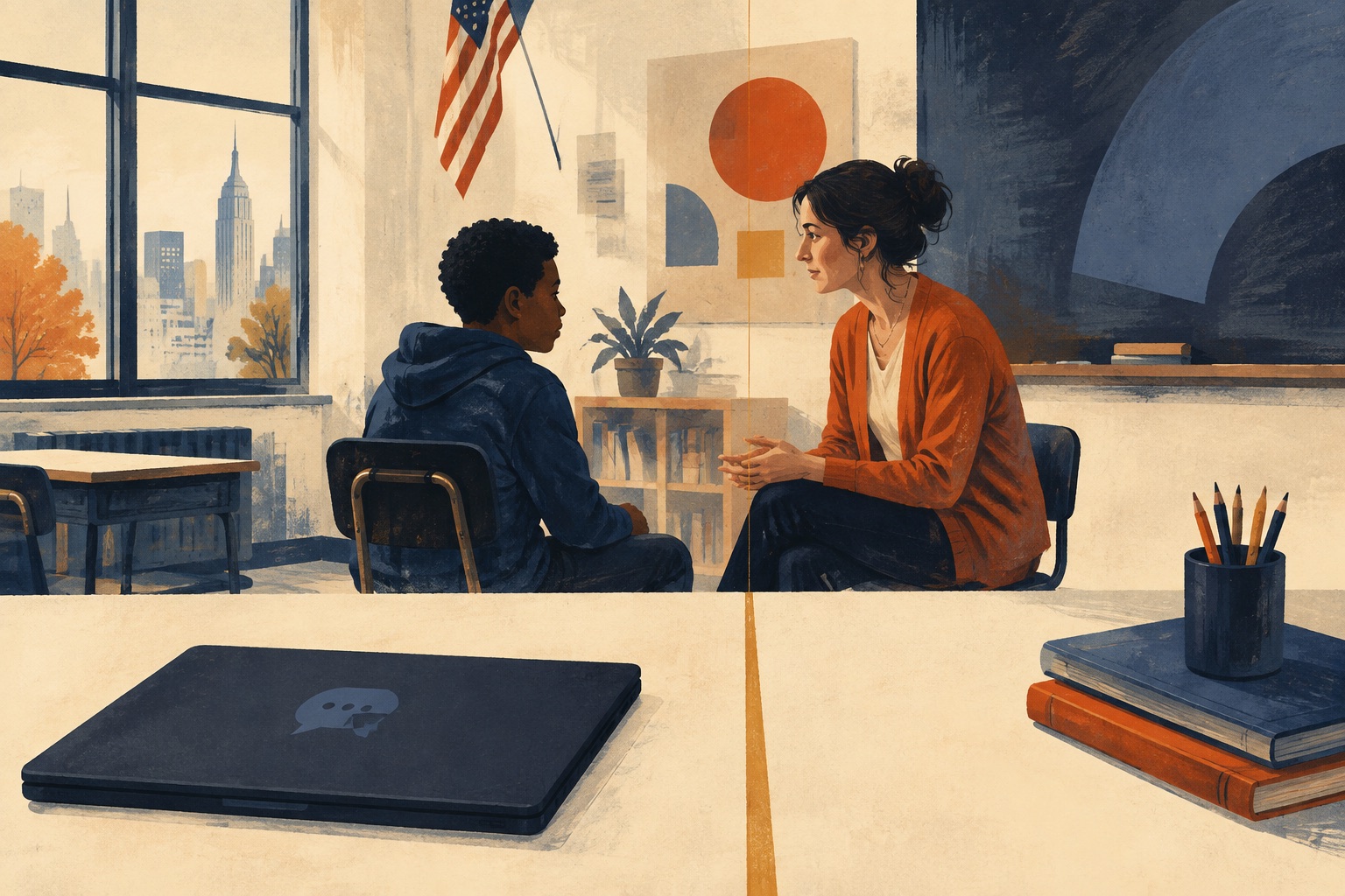 A student and teacher speak face to face while a closed laptop rests nearby