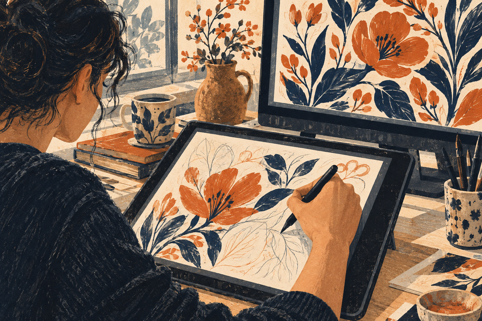 Conceptual illustration of an artist working on an unfinished digital drawing beside a polished version on a monitor.