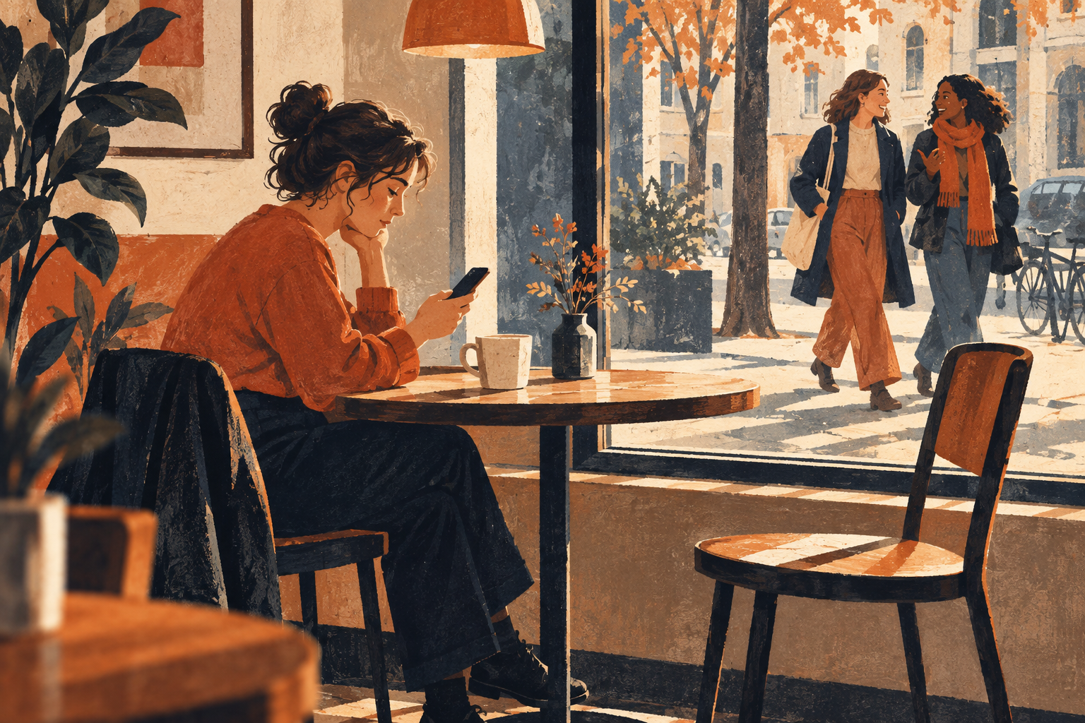 Conceptual illustration of a person with a phone at a cafe table, an empty chair nearby, and friends talking outside.