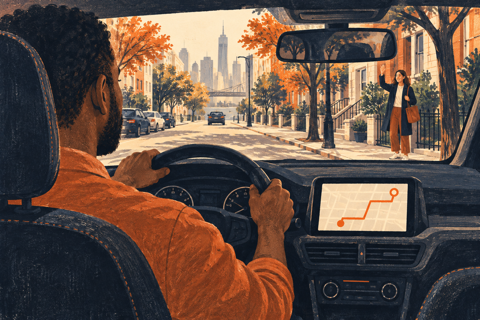 Conceptual illustration of a driver using dashboard navigation while approaching a waiting passenger.