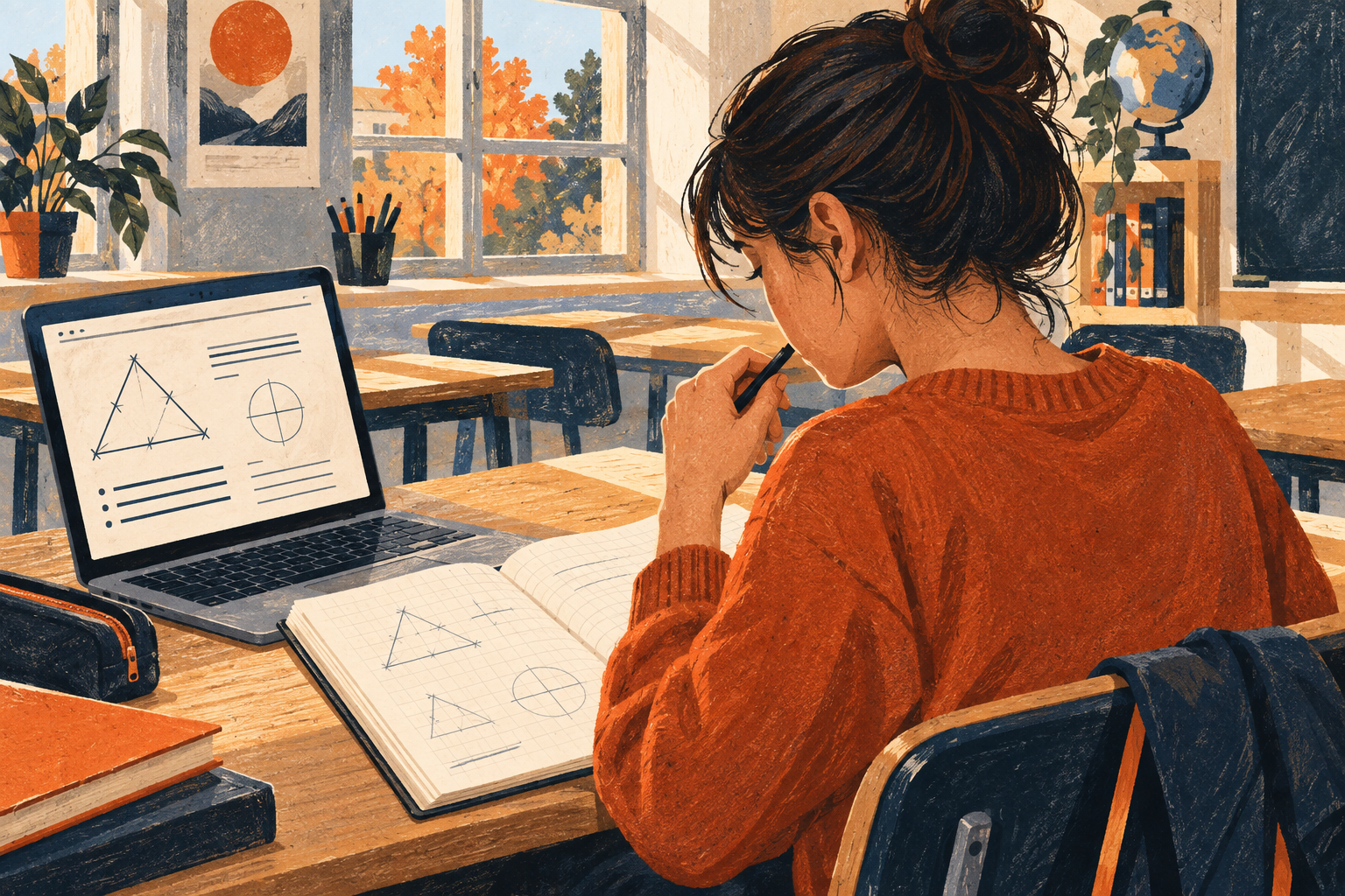 Conceptual illustration of a student thinking over a paper exercise beside a laptop showing completed work.