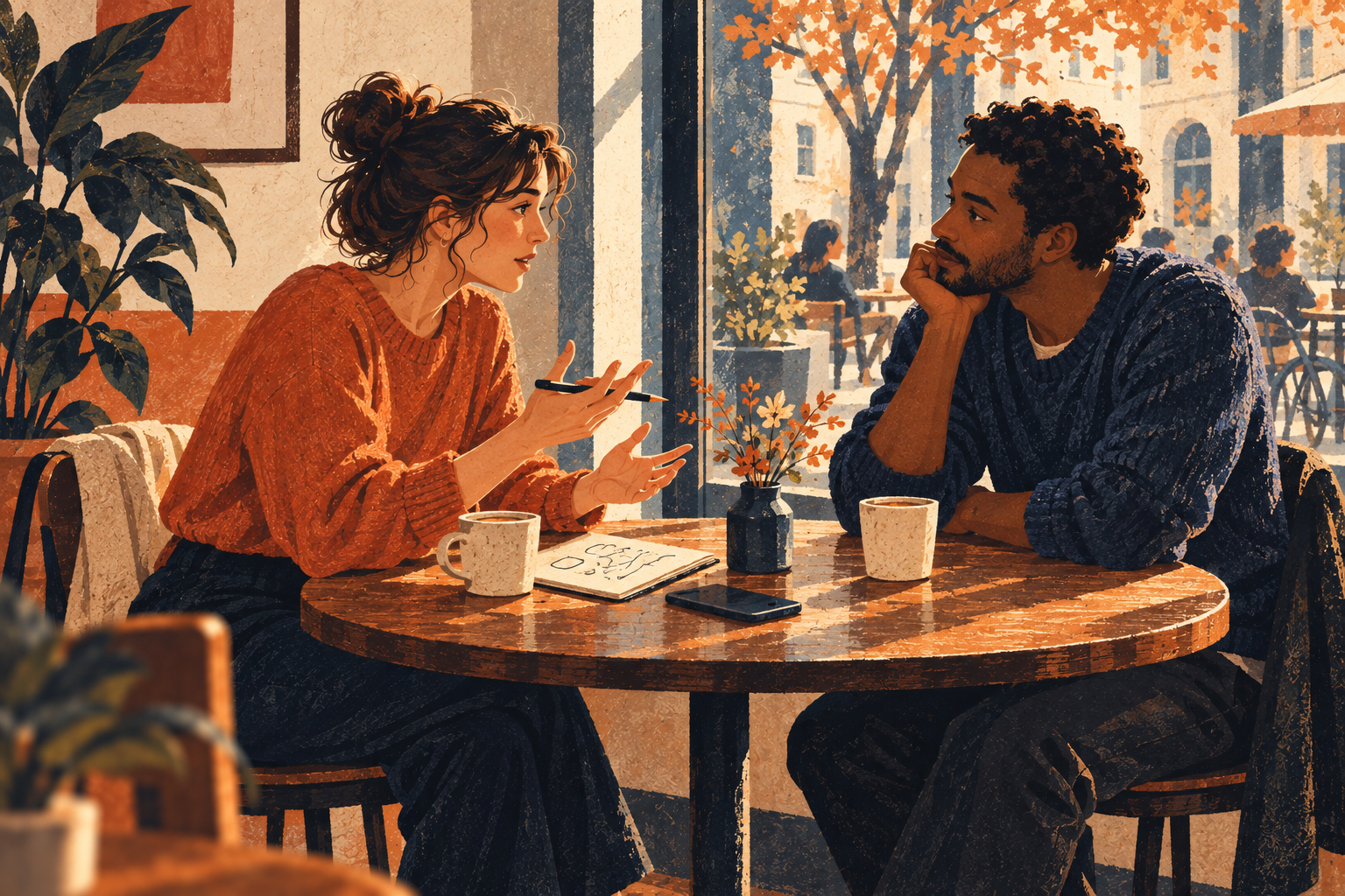 Two friends talk across a cafe table, with a phone set aside.