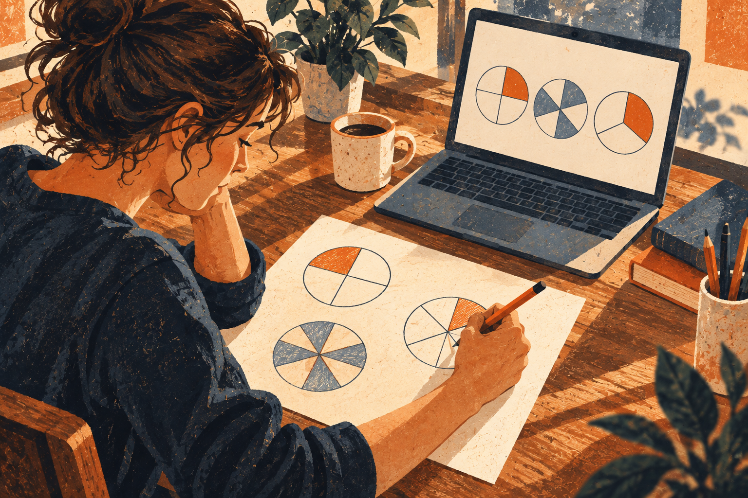An adult learner works through a fresh fraction example on paper beside a laptop.