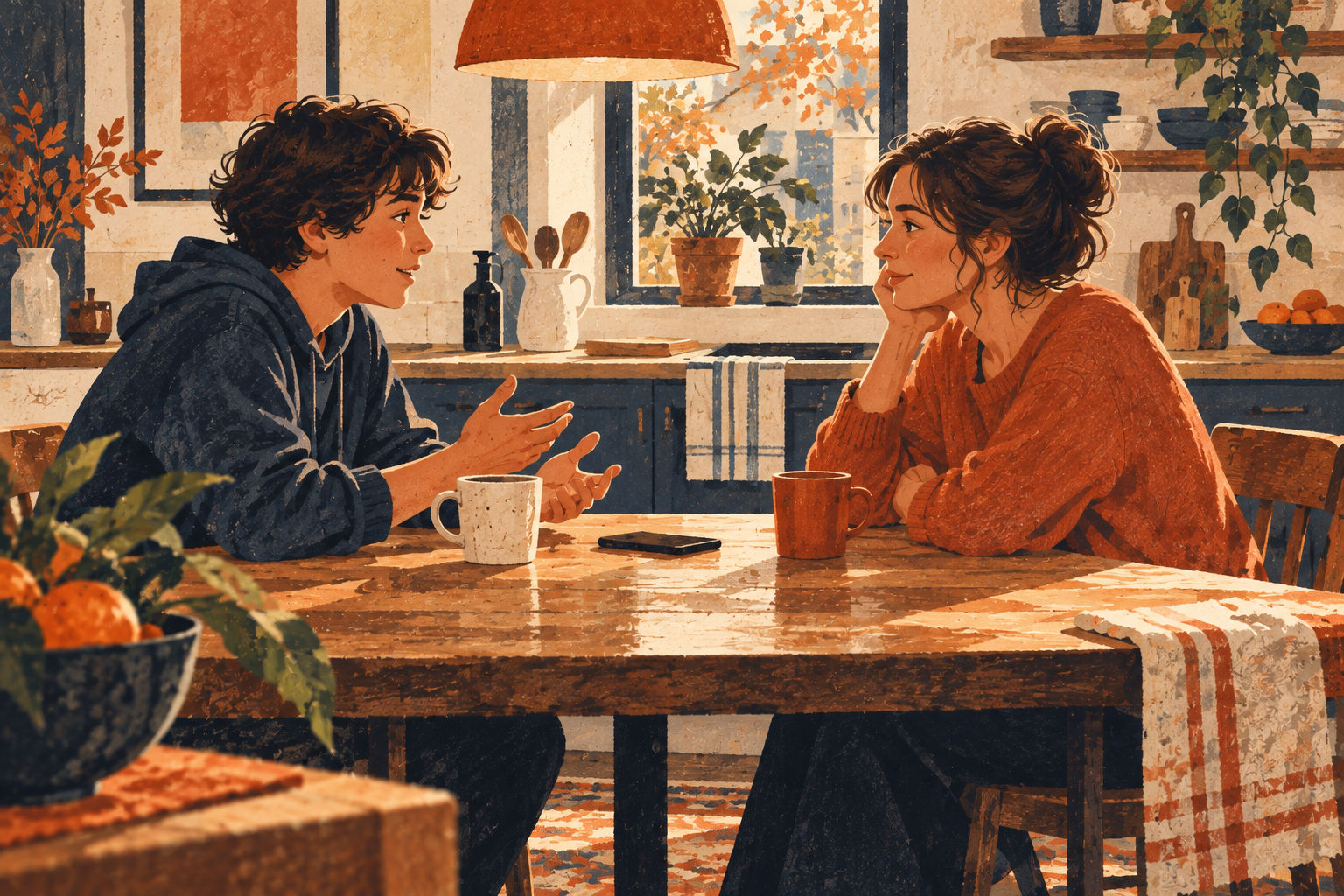 A parent listens while their teenager talks, with a phone face down between them.