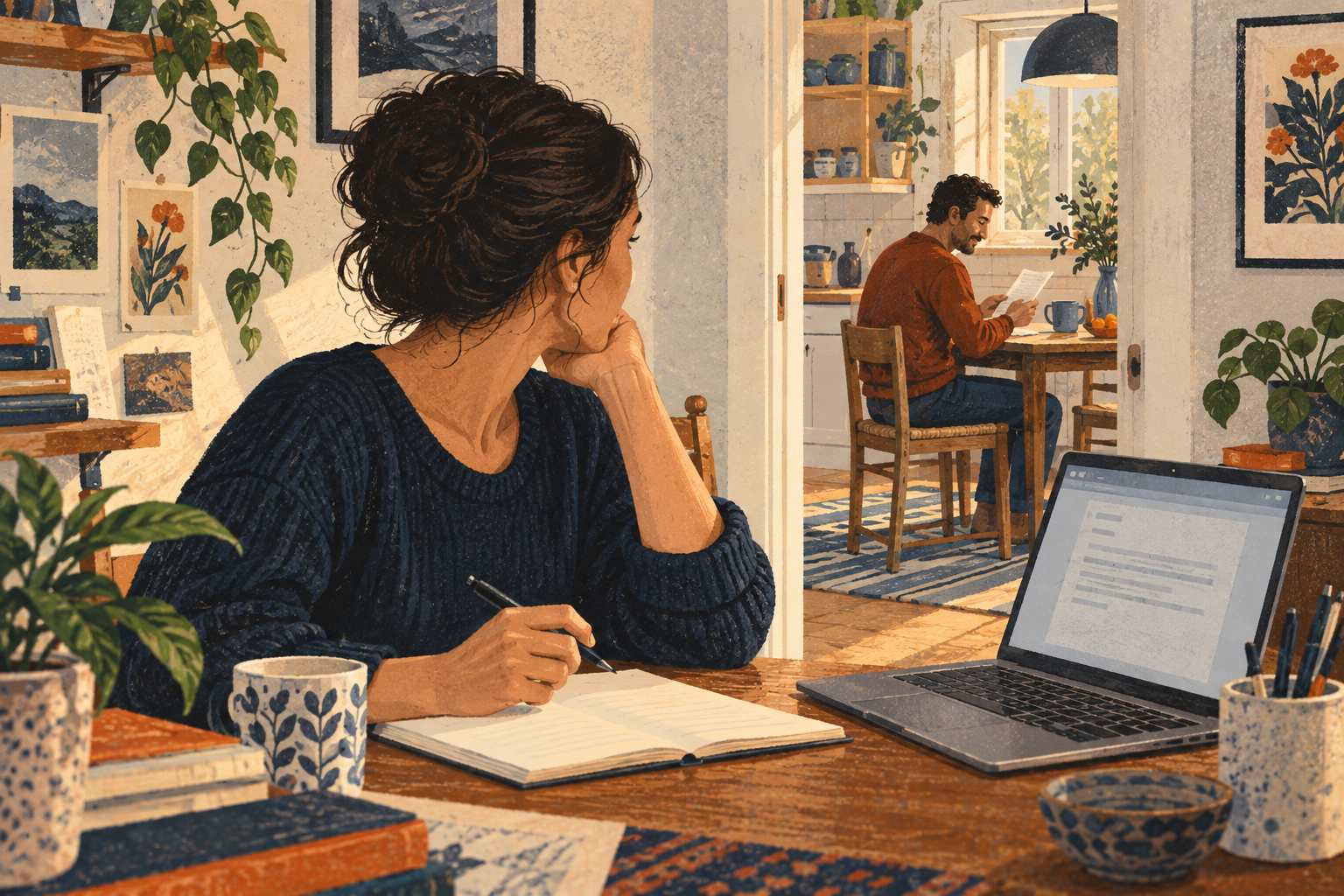 A woman writes a personal message beside her laptop, with the recipient visible in the adjoining room.