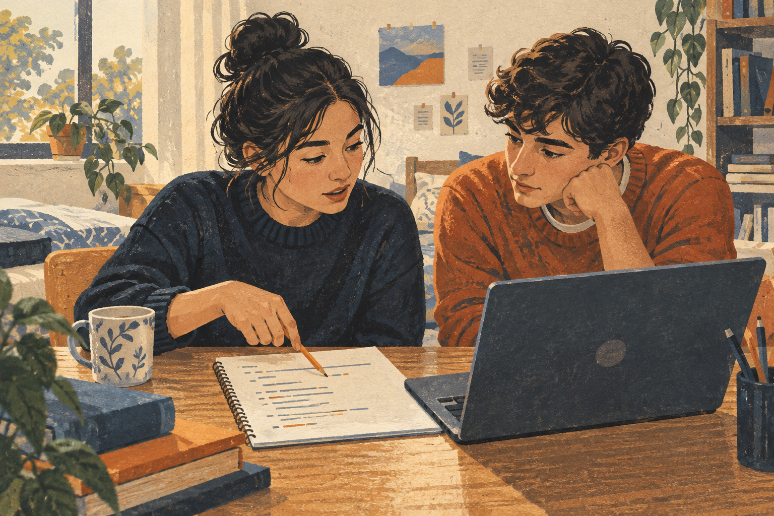 A student points to a specific unfinished step in her notebook while a classmate listens.