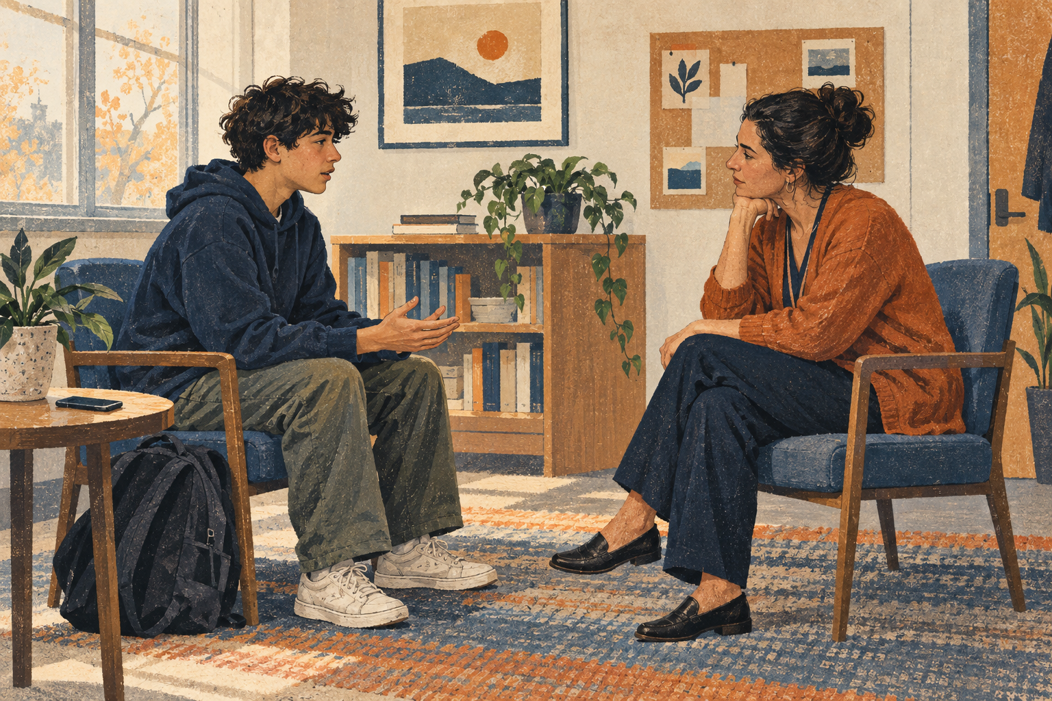 A teenager talks with a school counselor at equal eye level, with a phone set aside.
