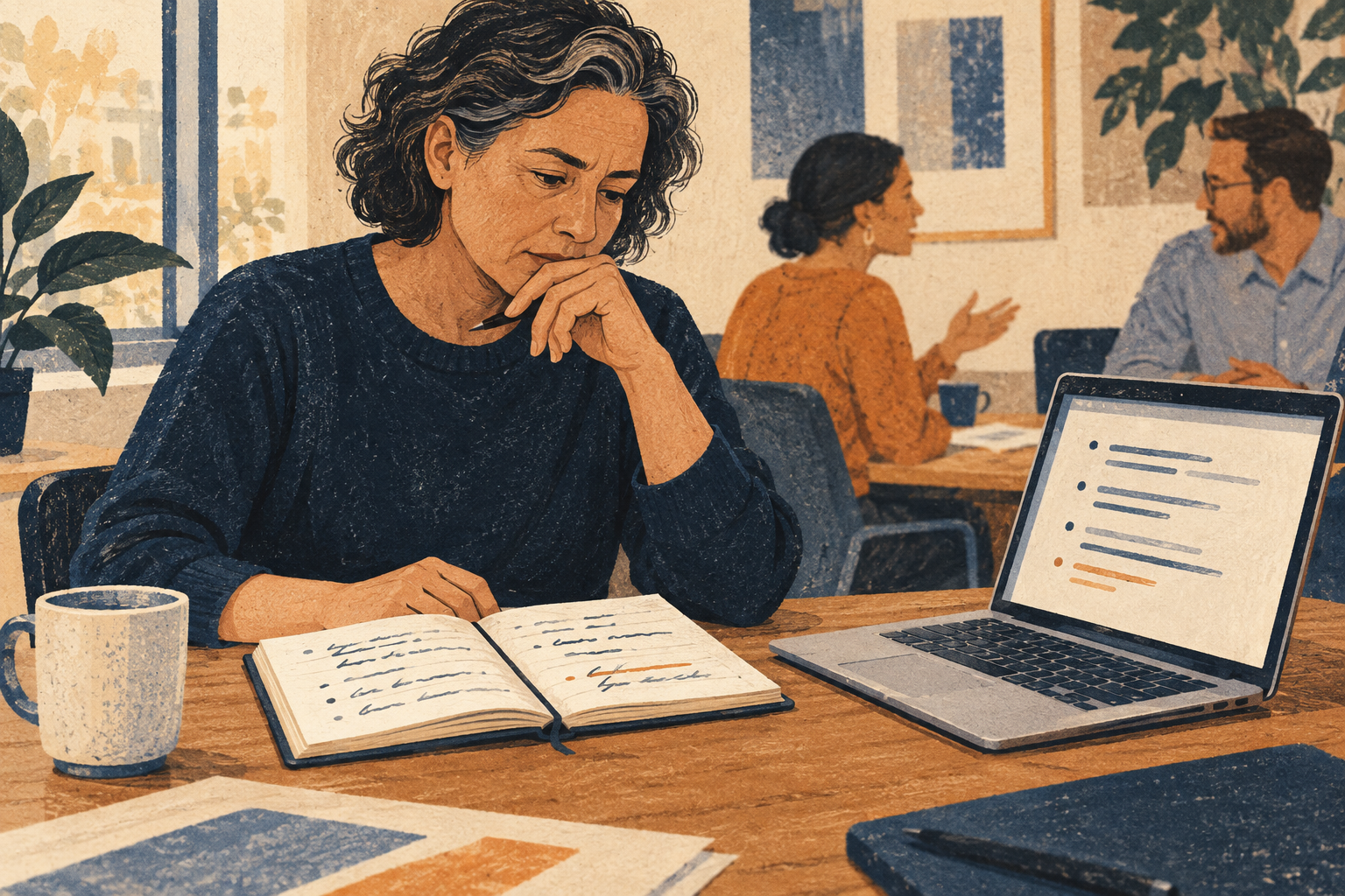 A woman compares a meeting recap on her laptop with her own notebook while coworkers talk nearby.