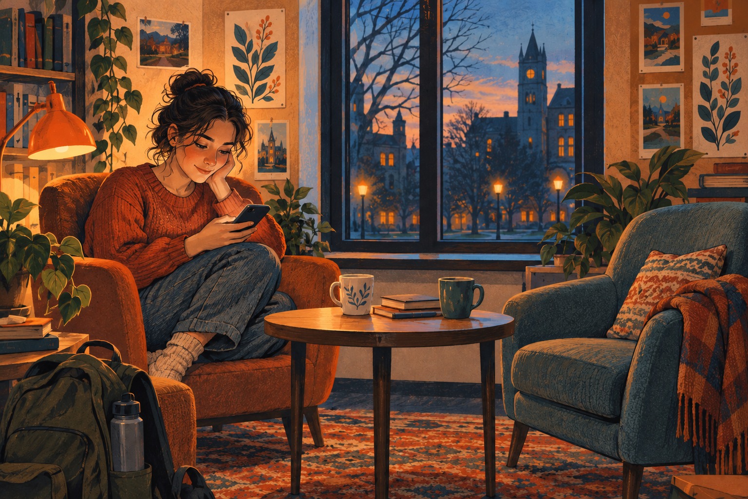 A university student sits with a phone beside an empty chair in a warm evening common room.