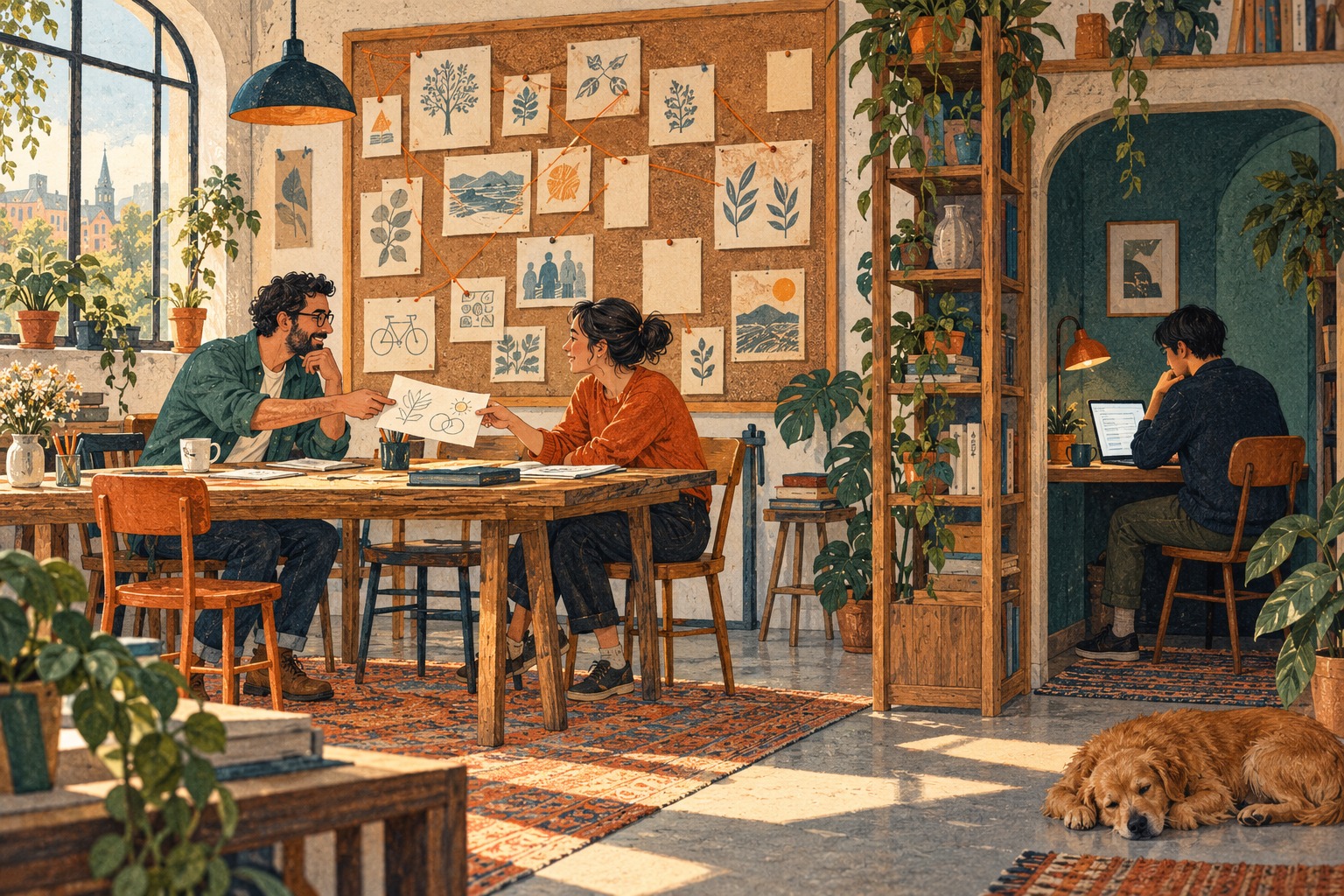 A shared workroom with people exchanging illustrated notes, while one person consults a private screen.