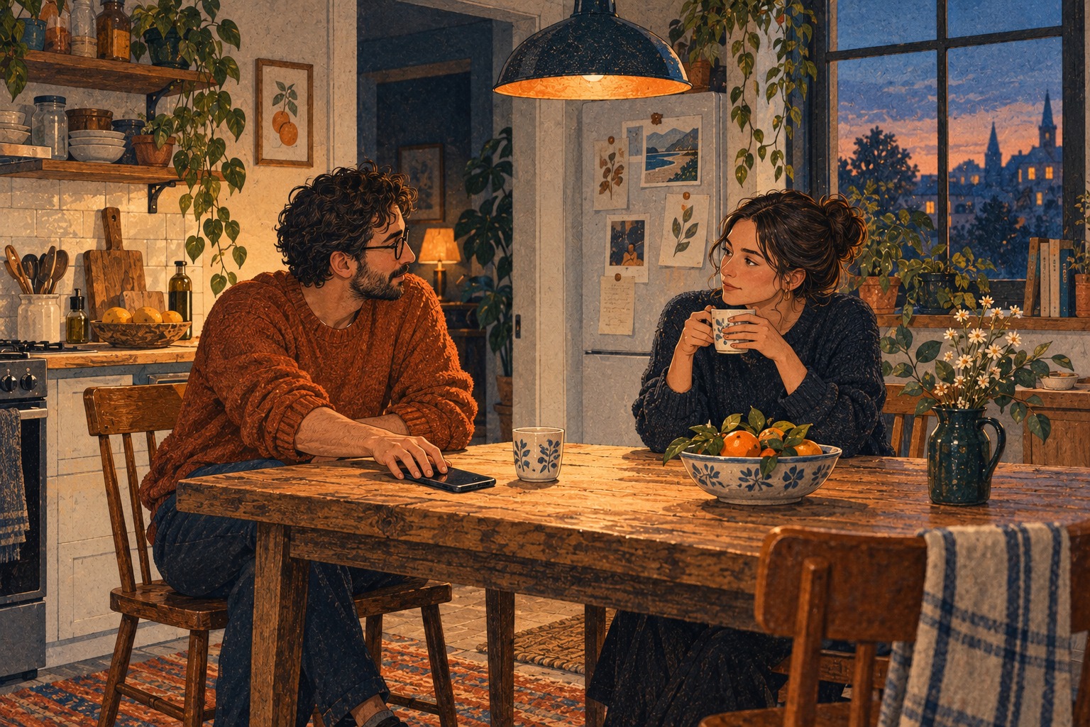 Two friends pause for conversation at a kitchen table after a phone is set down.