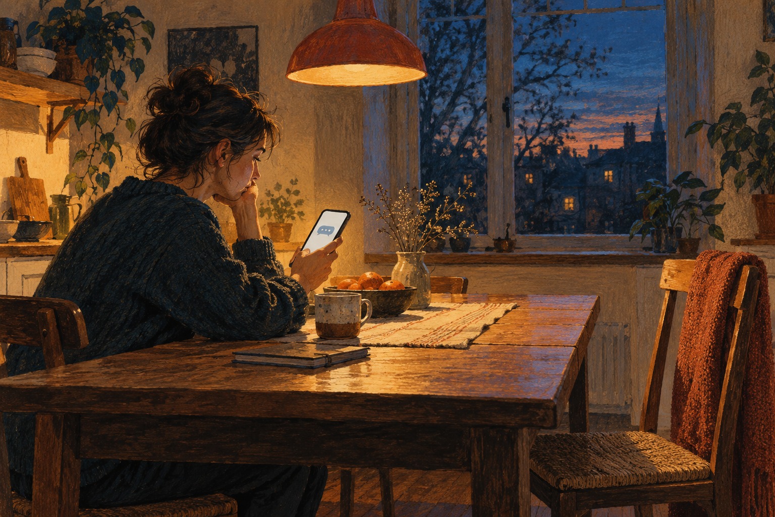 A woman sits with a lit phone at a kitchen table, with an empty chair across from her.
