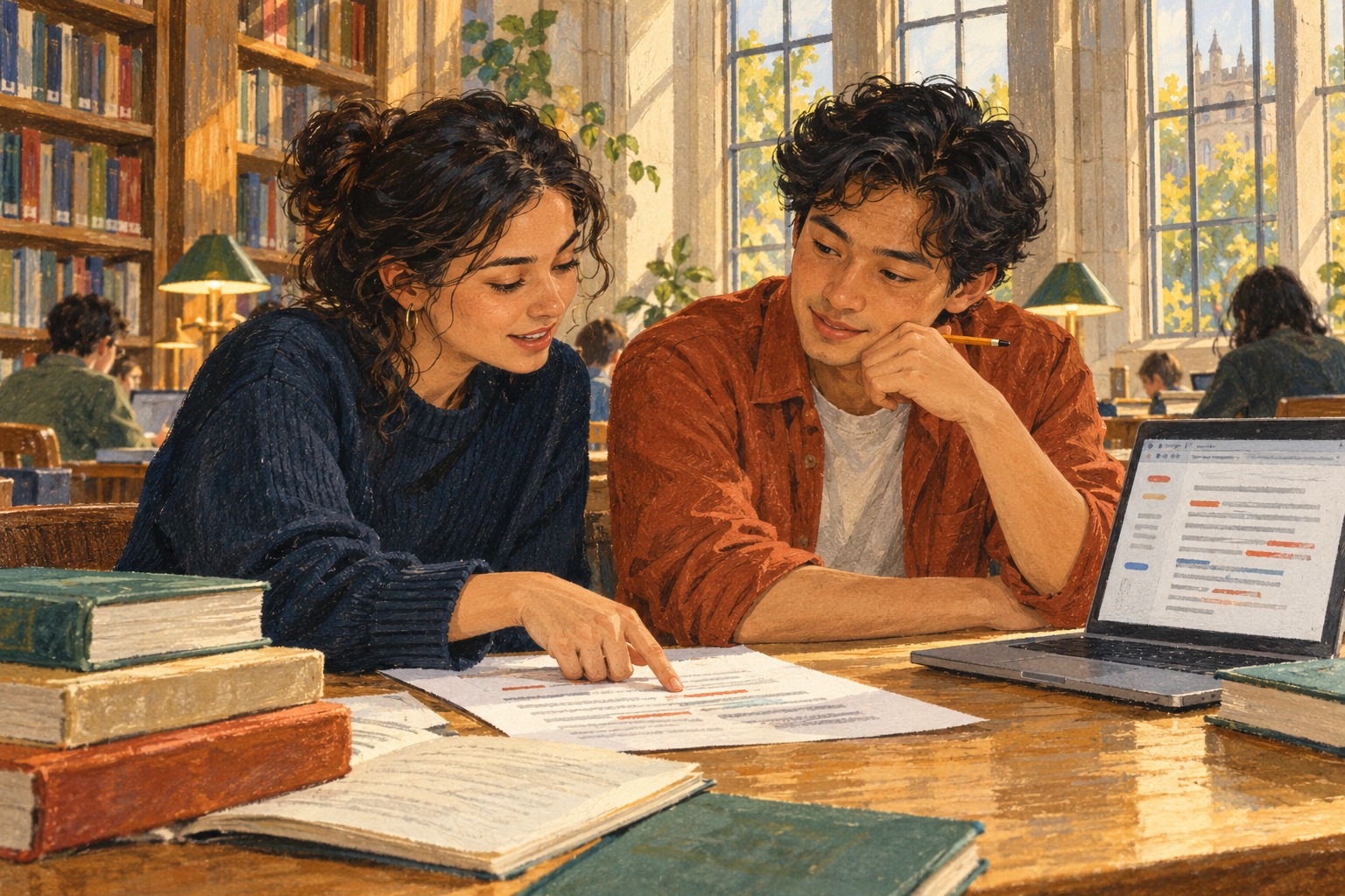 Two adult classmates discuss a printed draft together while a laptop sits to one side.