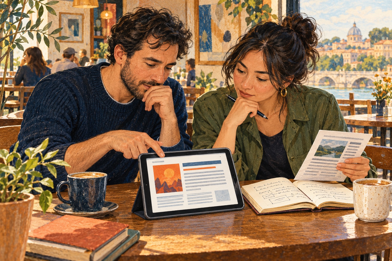 Two people compare a news headline on a tablet with another source.